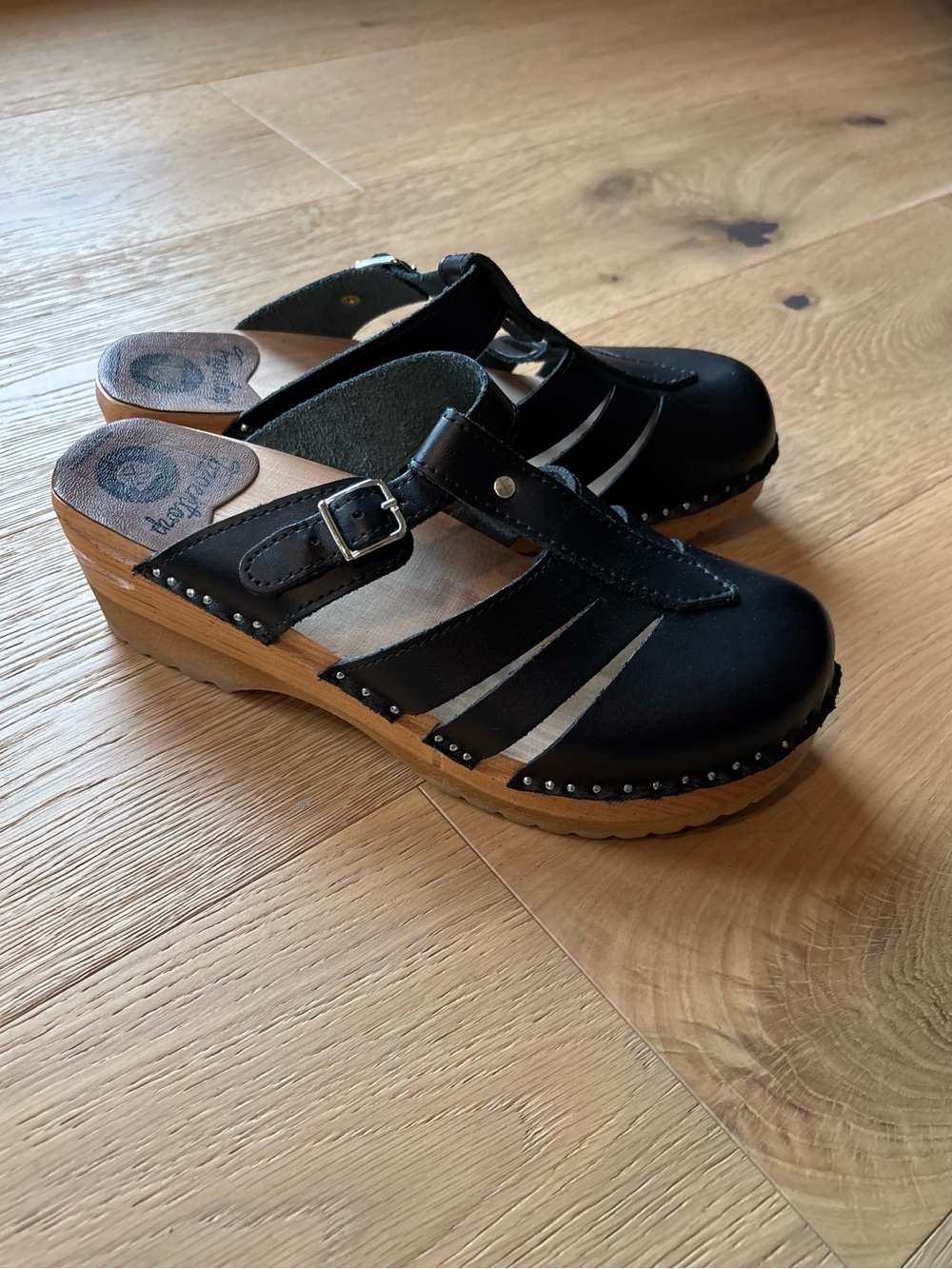 TROENTORP Clogs, Mary Jane Bastad Swedish Wooden Closed Toe Leather Sandals, 41